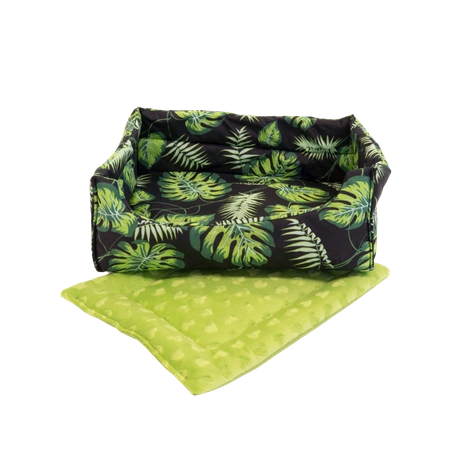 Prostokątne legowisko z wyjmowaną wodoodporną poduchą w liście na czarnym tle (XXL)