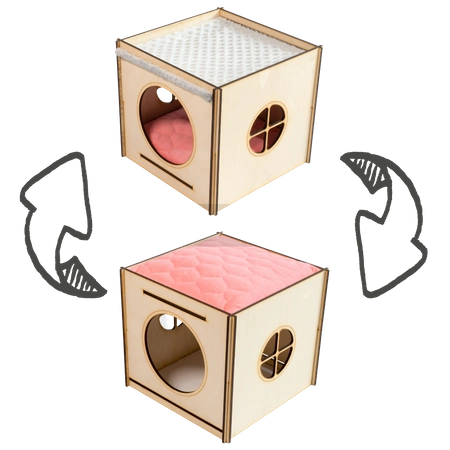 Wielki domek z dachem - hamakiem z szarego polaru minki i koralową poduchą dla królika domowego
