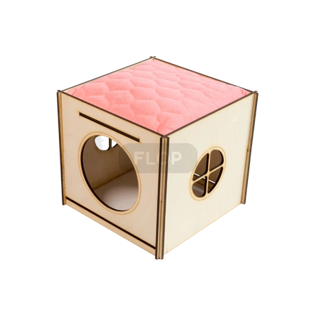 Wielki domek z dachem - hamakiem z szarego polaru minki i koralową poduchą dla królika domowego