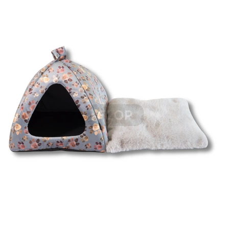 Wielka, przytulna, welurowa budka iglo dla królików z puszystą poduchą szara w kolorowe łapki