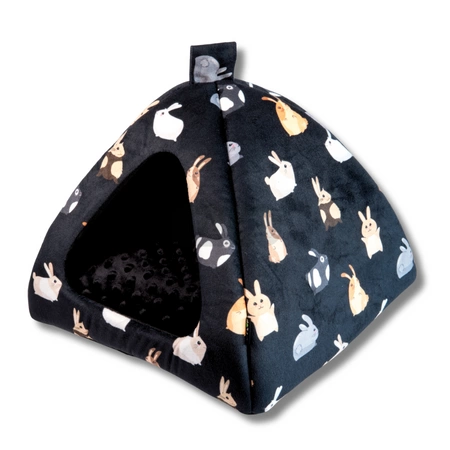 Wielka, przytulna, czarna, welurowa budka iglo - domek dla królików - w króliczki z puszystą poduchą