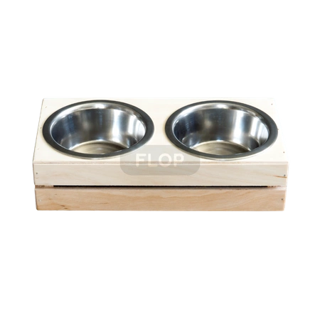 Drewniana jadalnia z metalowymi miseczkami 2x220ml dla małych zwierząt