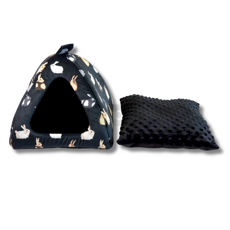 Wielka, przytulna, czarna, welurowa budka iglo - domek dla królików - w króliczki z puszystą poduchą