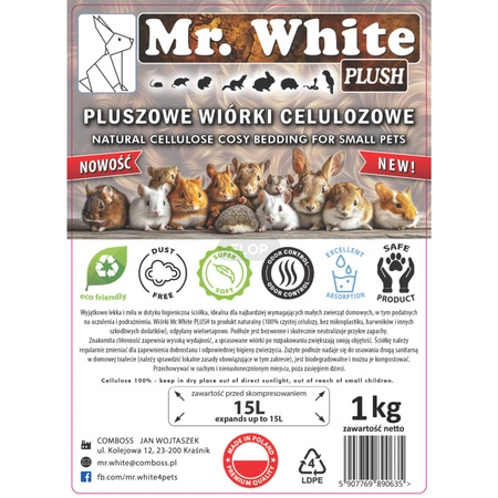 Mr. White Pluszowe Wiórki Celulozowe PLUSH 1kg – Komfortowa Ściółka dla Królików